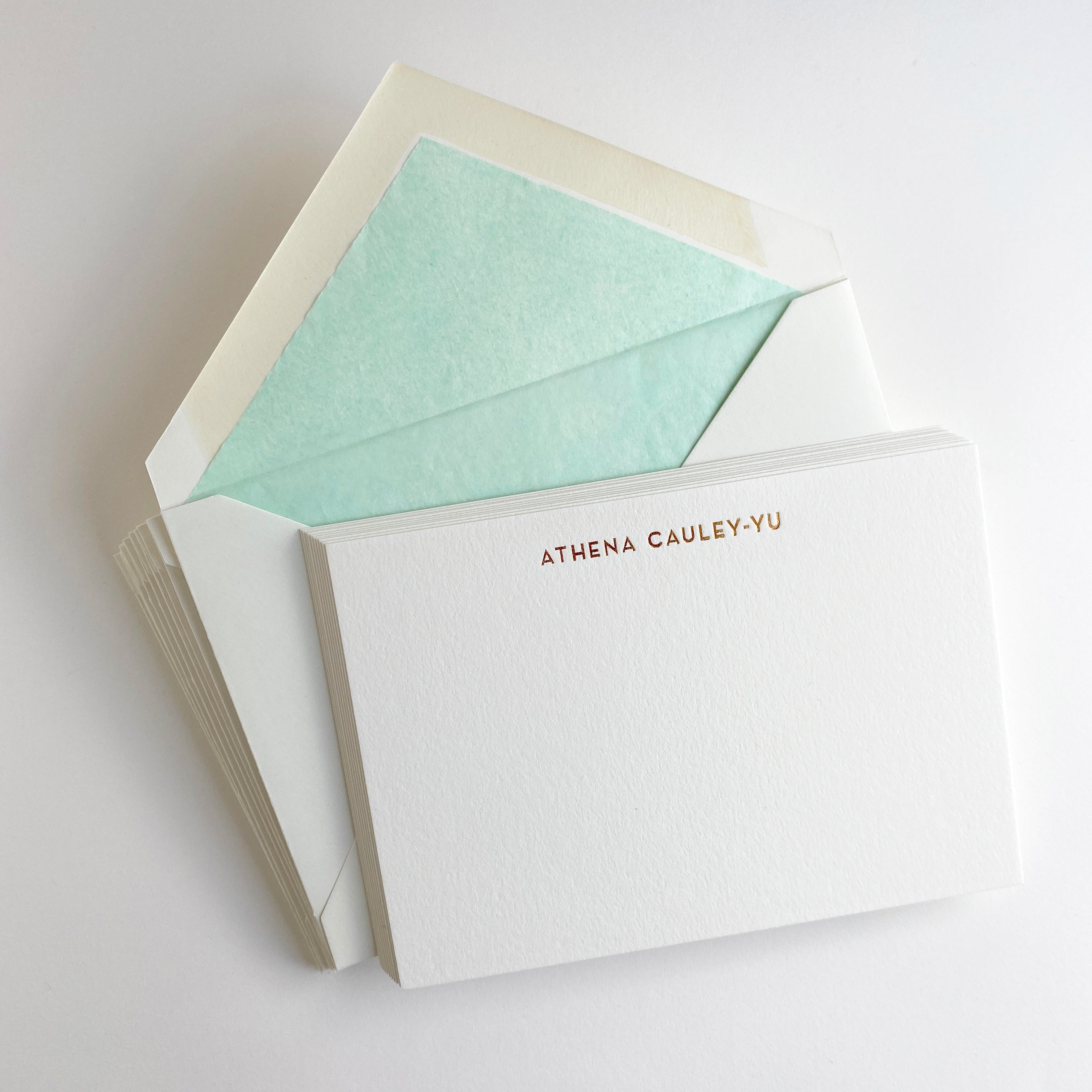 Personalised Copper - Gold foiled A5 Correspondence Cards with mint tissue lined envelopes