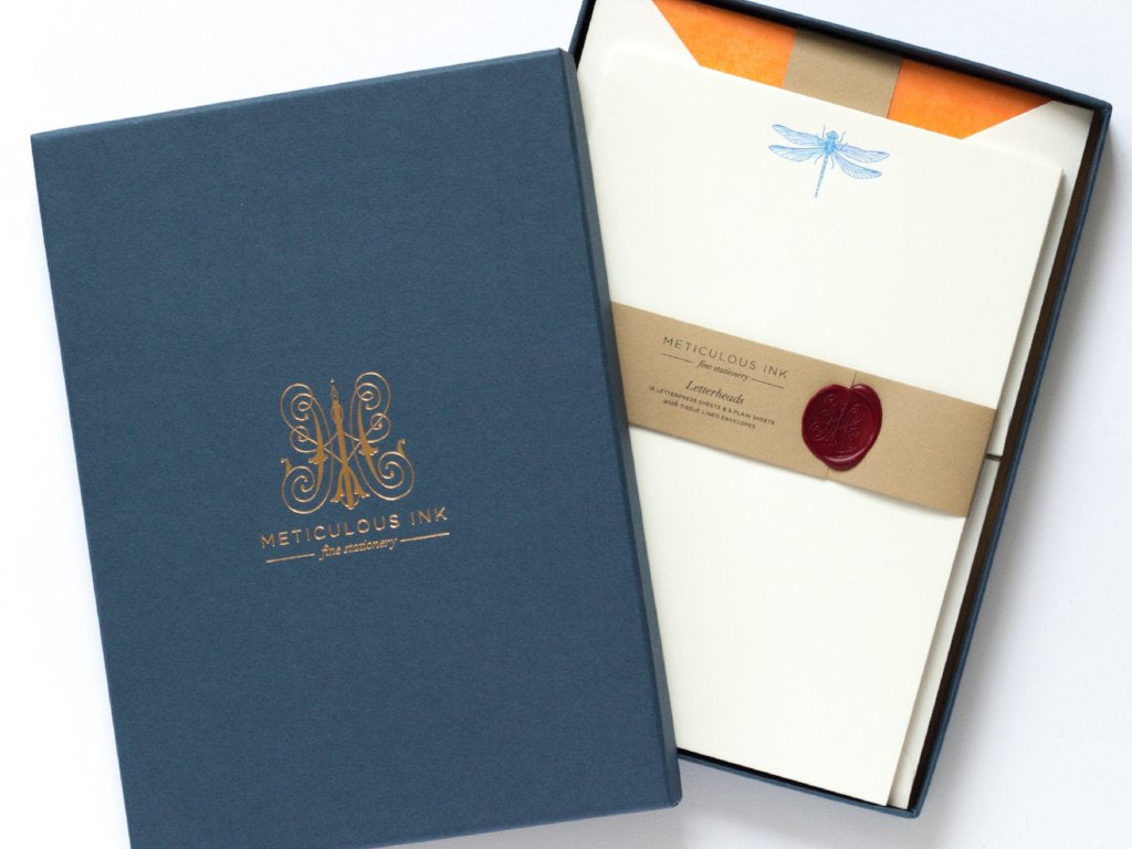 Dragonfly Letterpress Letterheads in display box with wax seal
