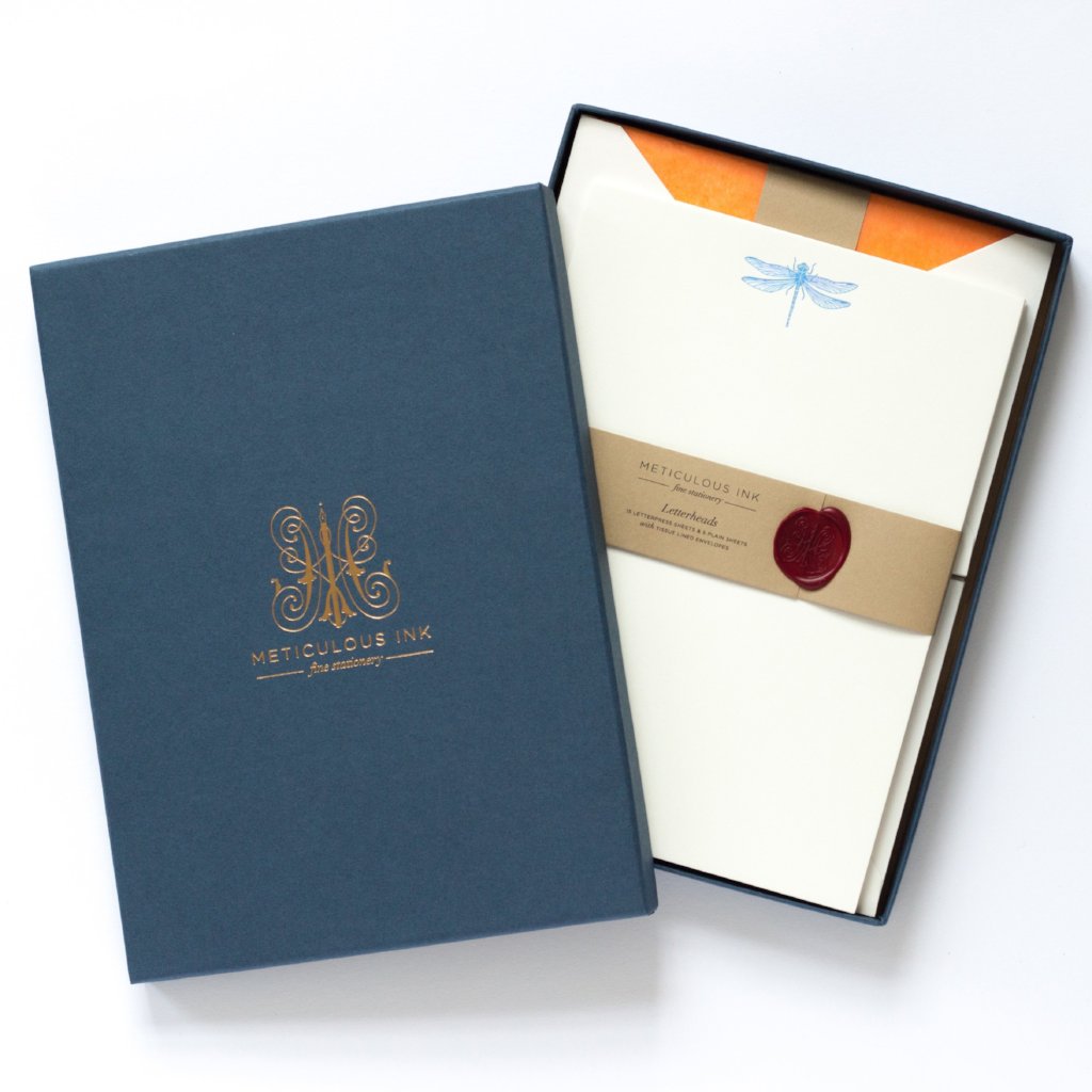 Dragonfly Letterpress Letterheads in display box with wax seal