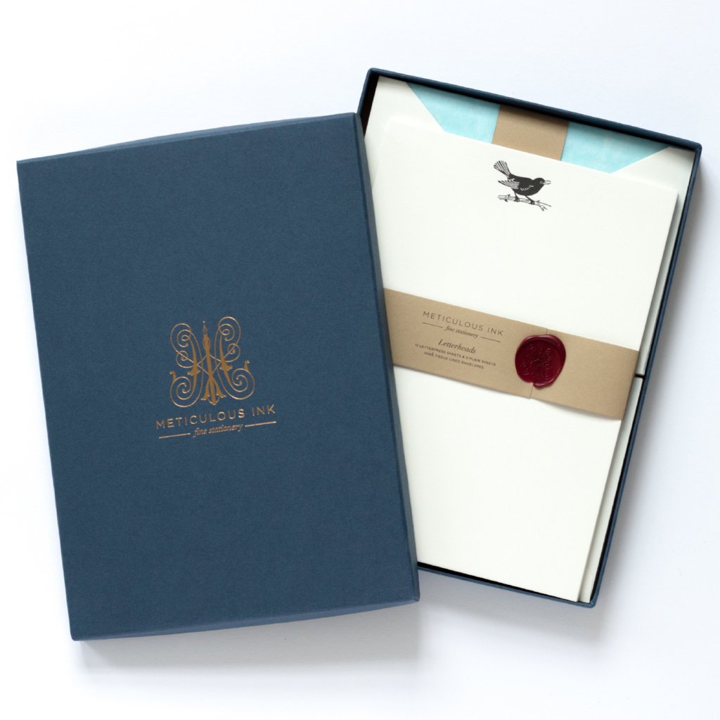 Blackbird Letterpress Letterheads in display box with wax seal and lid with Meticulous Ink logo