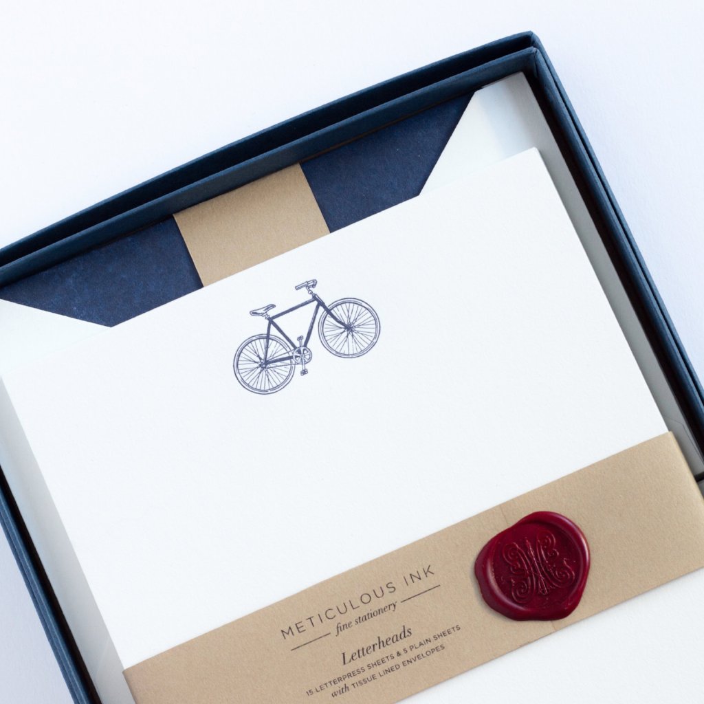 Bicycle Letterpress Letterheads in display box with wax seal