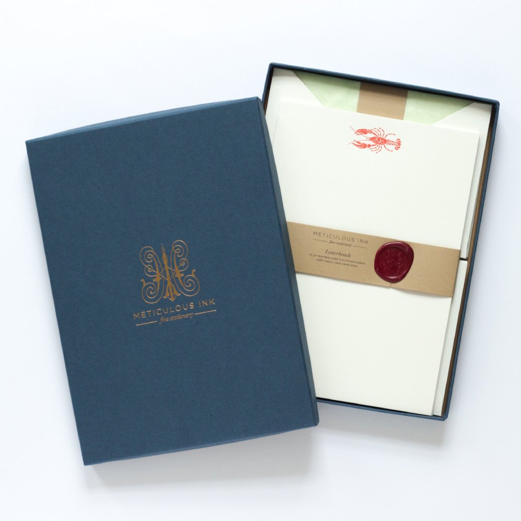 Lobster Letterpress Letterheads in display box with wax seal and lid with Meticulous Ink logo