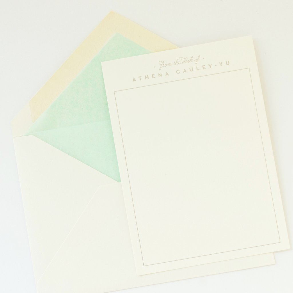 Personalised Letterpress Correspondence Card with mint tissue lined envelope 
