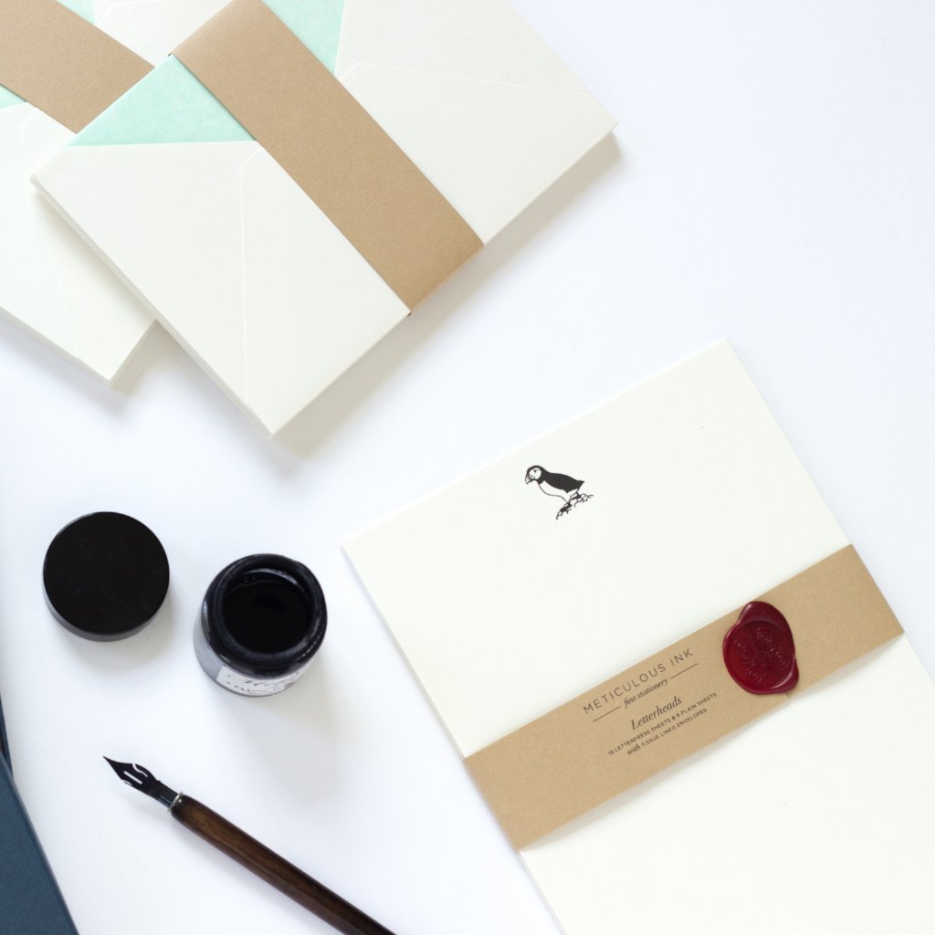 Puffin Letterpress Letterheads with wax seal wrap and ink pot