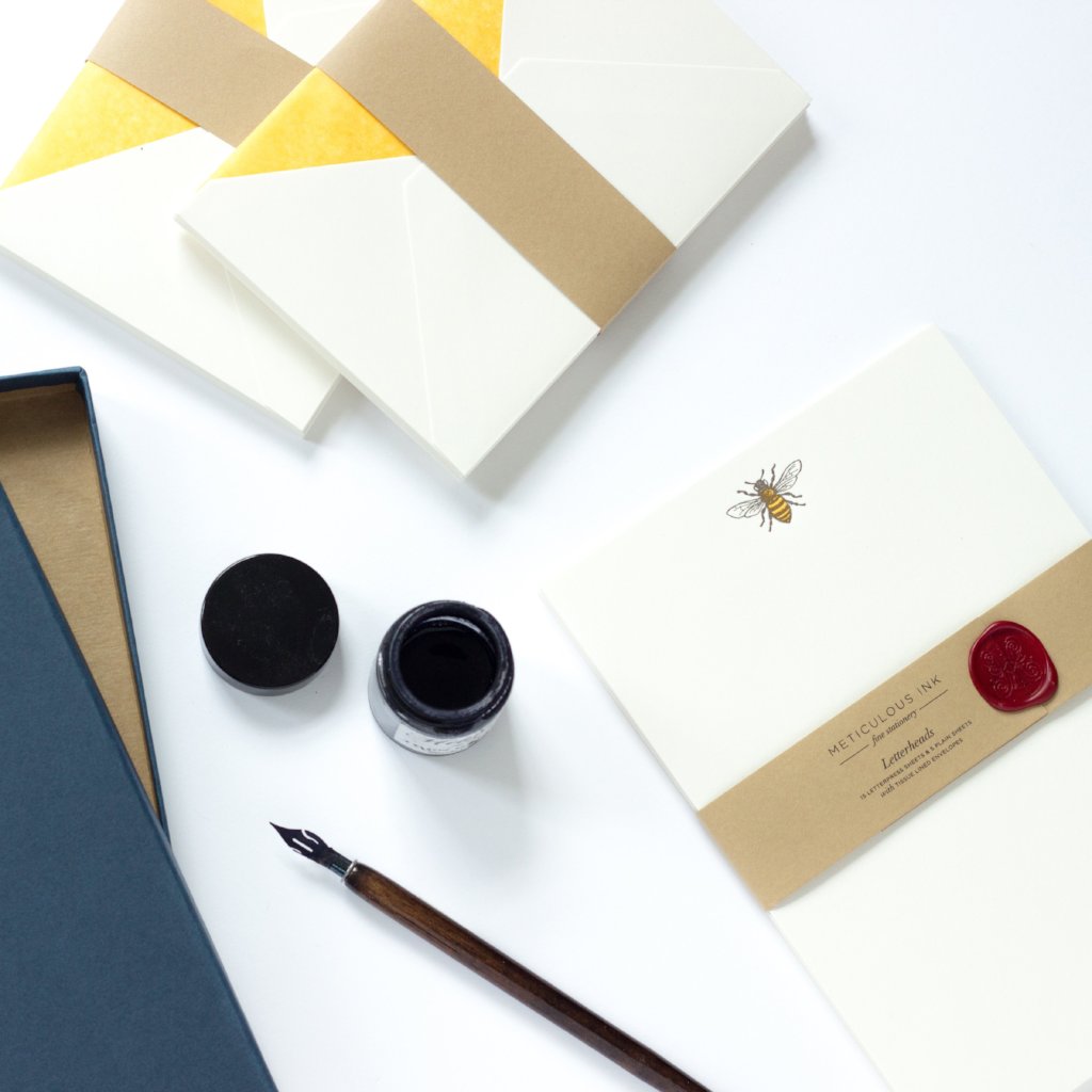 Honey Bee Letterpress Letterheads wrapped with wax seal and envelopes to one side