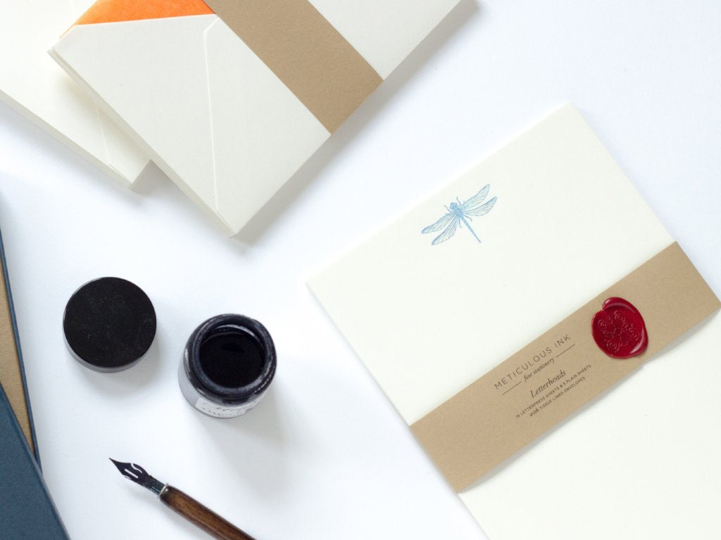 Dragonfly Letterpress Letterheads with ink and dip pen