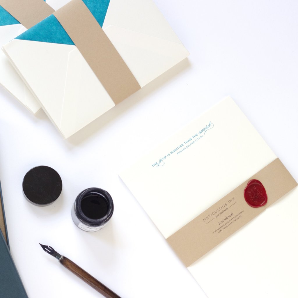 Pen is mightier quote Letterpress Letterhead with nib and ink