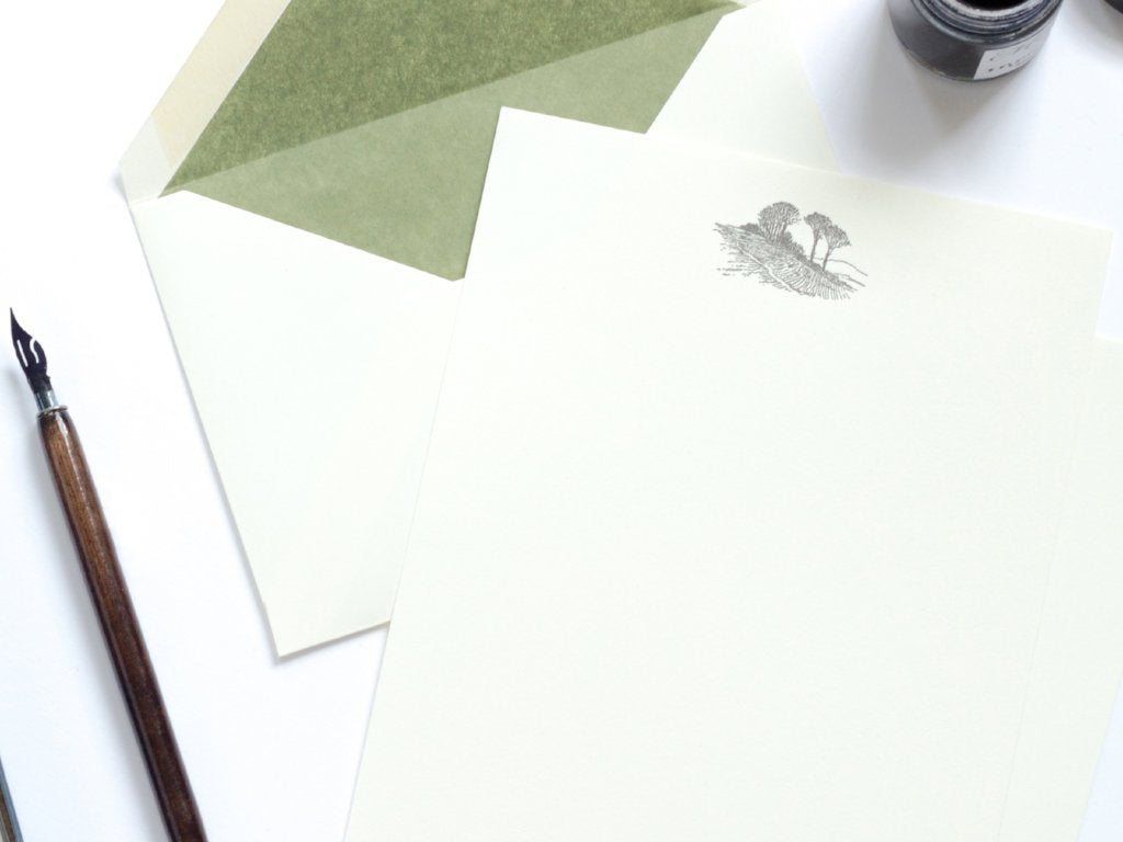 Landscape Letterpress Letterhead with green tissue lined envelope and ink pot