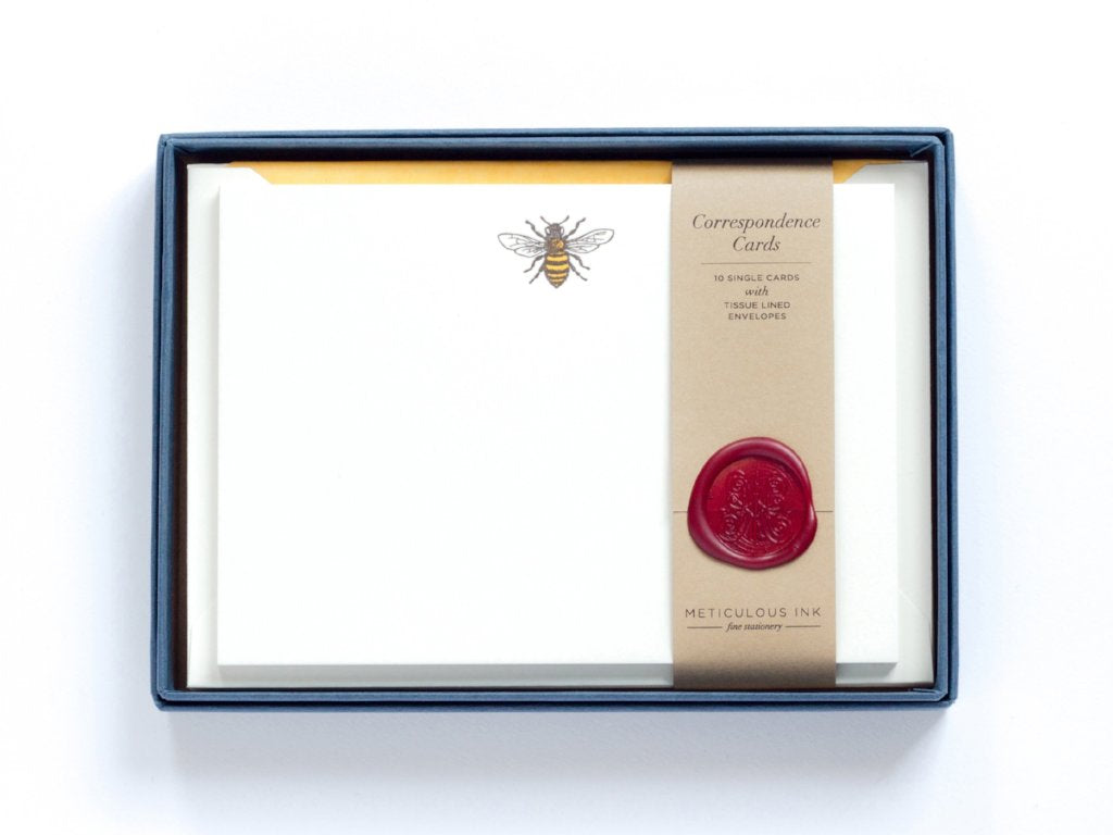 Honey Bee Letterpress Correspondence Cards in display box with wax seal