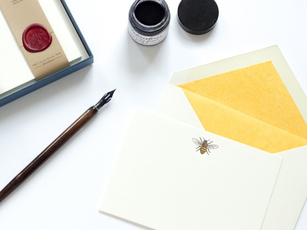 Honey Bee Letterpress Correspondence Card with yellow lined envelope and ink pot and display box