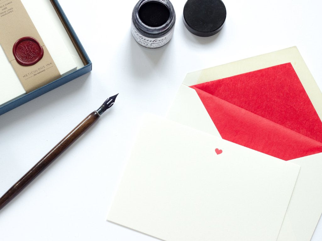 Letterpress Red Heart Correspondence Card with red tissue lined envelope and ink pot
