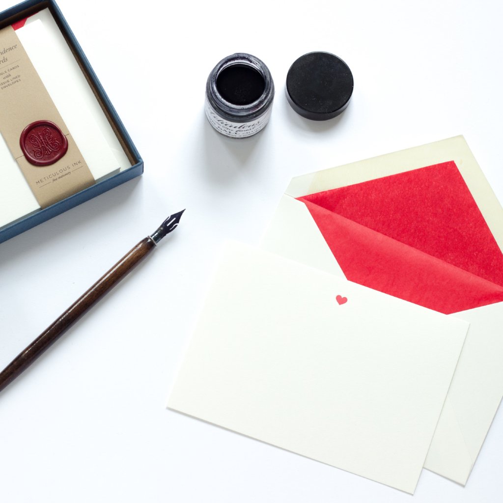 Letterpress Red Heart Correspondence Card with red tissue lined envelope and ink pot