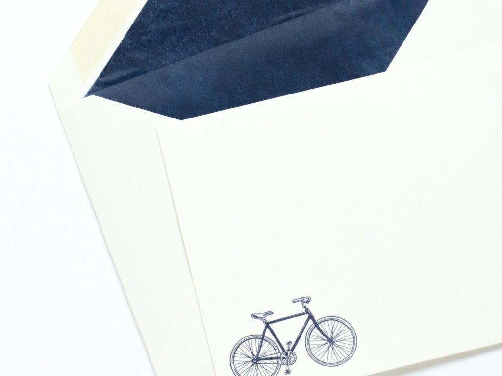 Bicycle Letterpress Correspondence Card with blue tissue lined envelope
