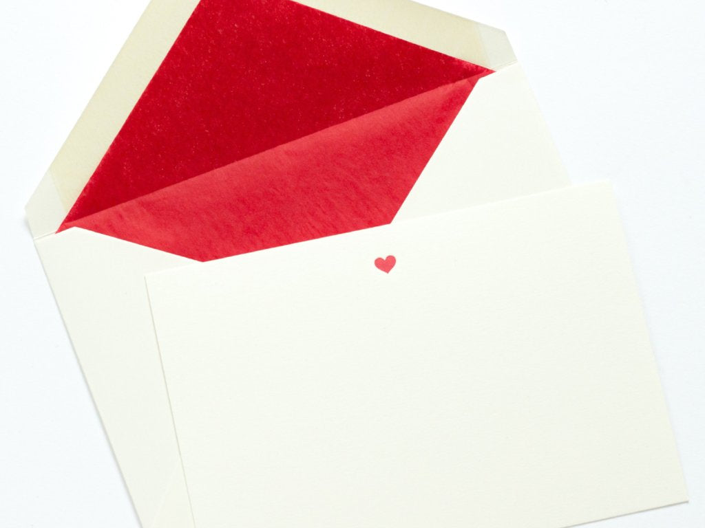 Single Letterpress Red Heart Correspondence Card with red tissue lined envelope
