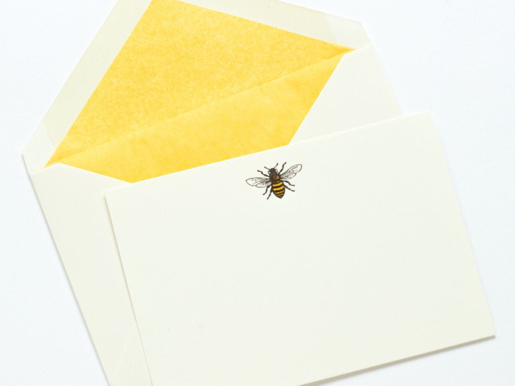 Single Honey Bee Letterpress Correspondence Card with yellow lined envelope