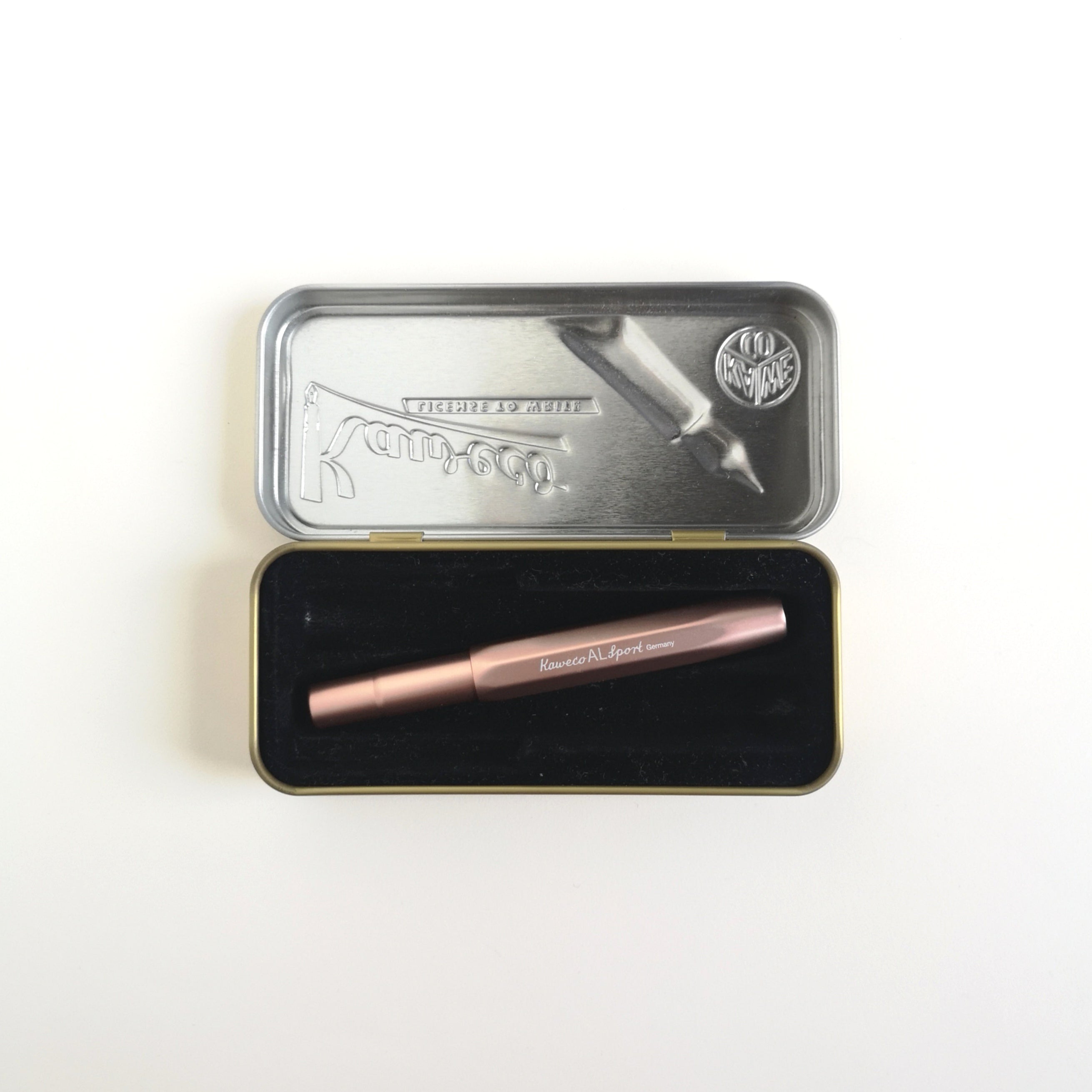 Kaweco Rose Gold Aluminium Fountain Pen inside metal display tin