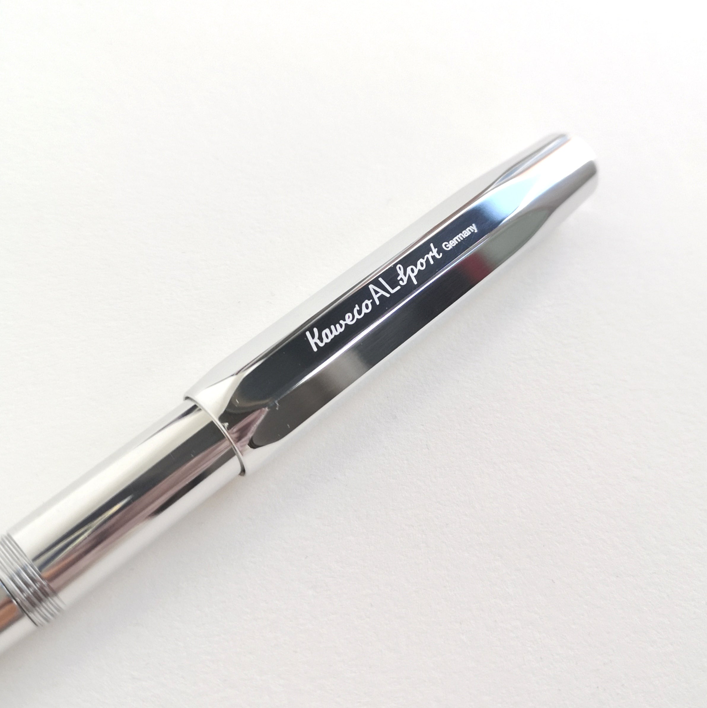 Close-up of shiny silver aluminium Kaweco Sport Fountain Pen cap