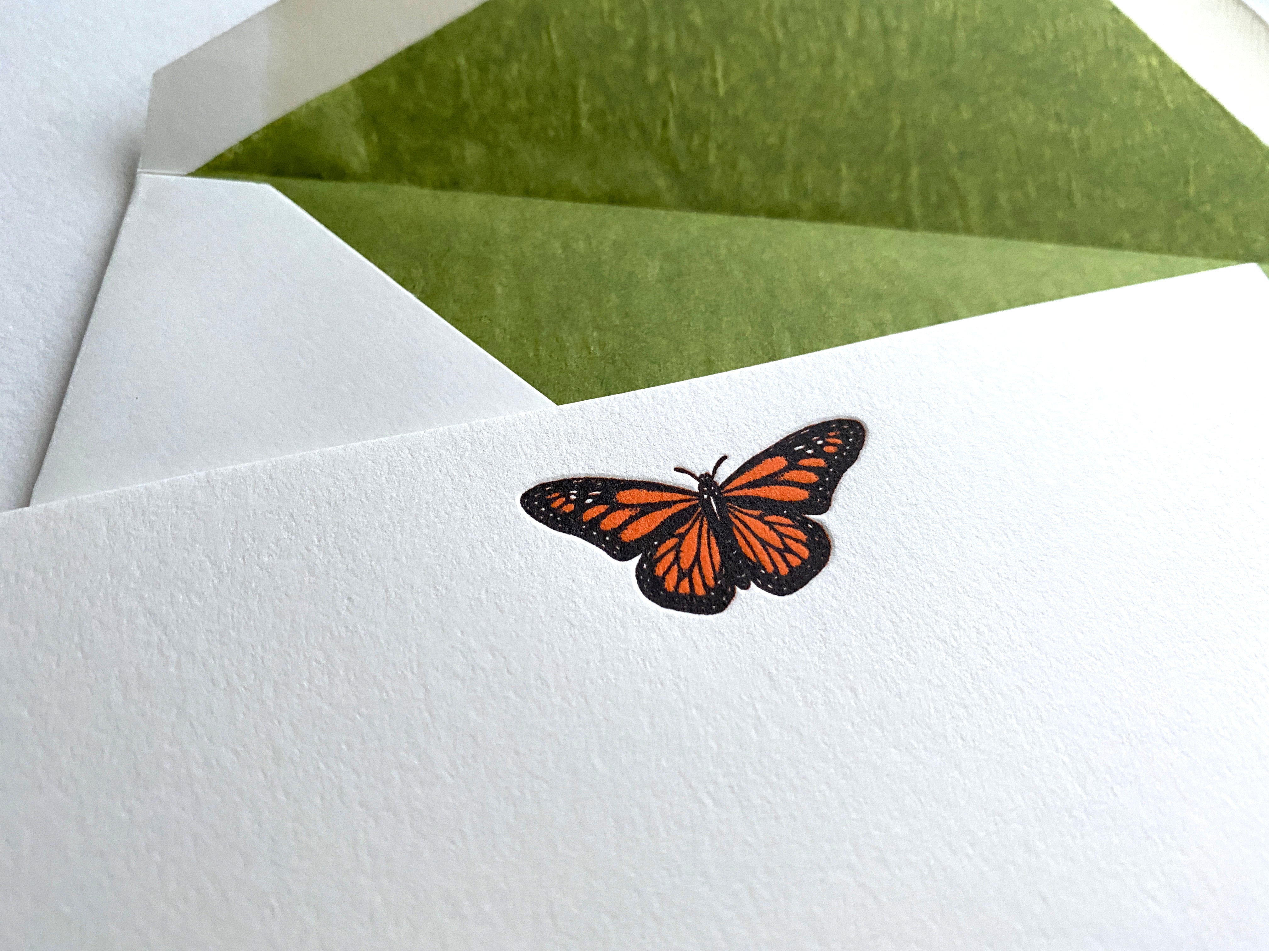 Monarch Butterfly Letterpress Correspondence Card with green tissue lined envelope