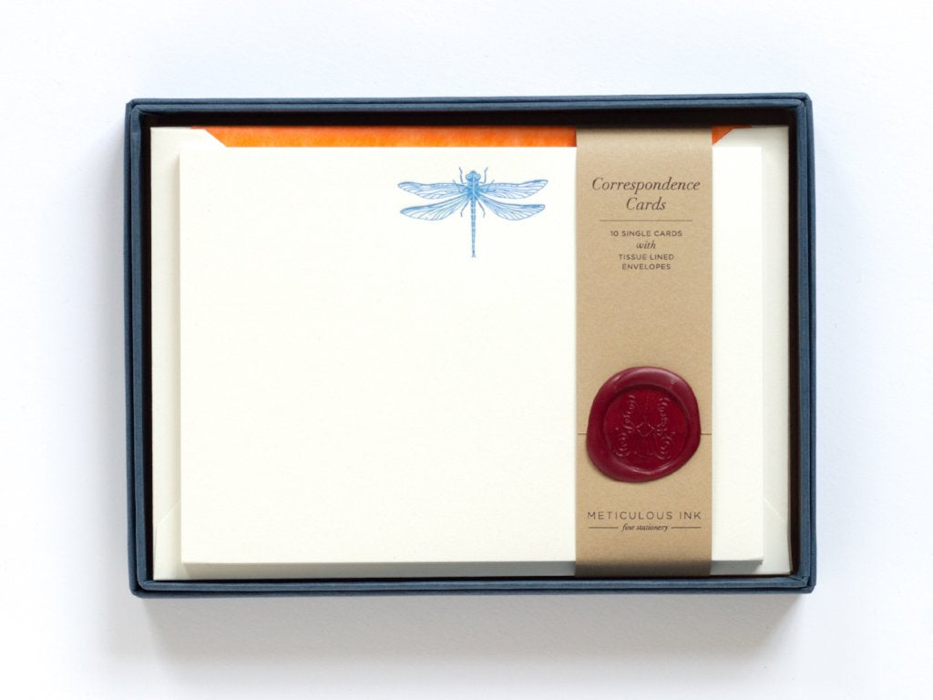 Dragonfly Letterpress Correspondence Cards in display box with wax seal