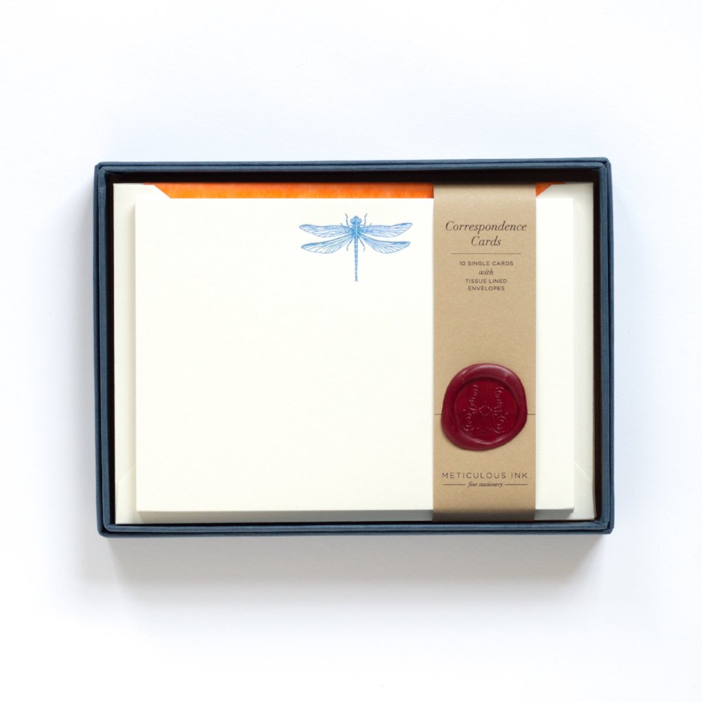 Dragonfly Letterpress Correspondence Cards in display box with wax seal