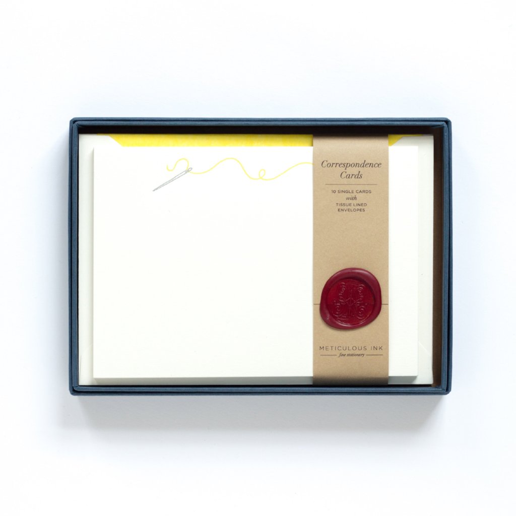 Sewing Letterpress Correspondence Cards in display box with wax seal