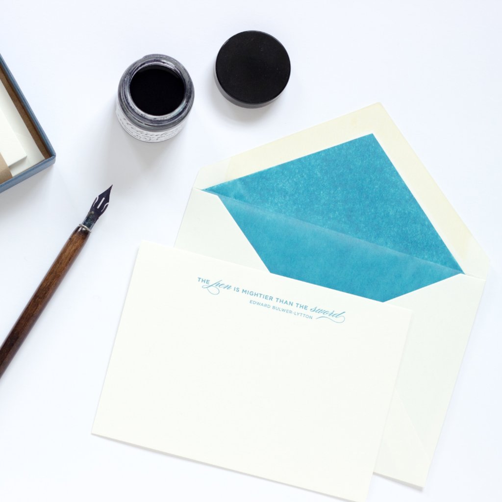 Pen is Mightier Letterpress Correspondence Card with blue tissue lined envelope and ink pot