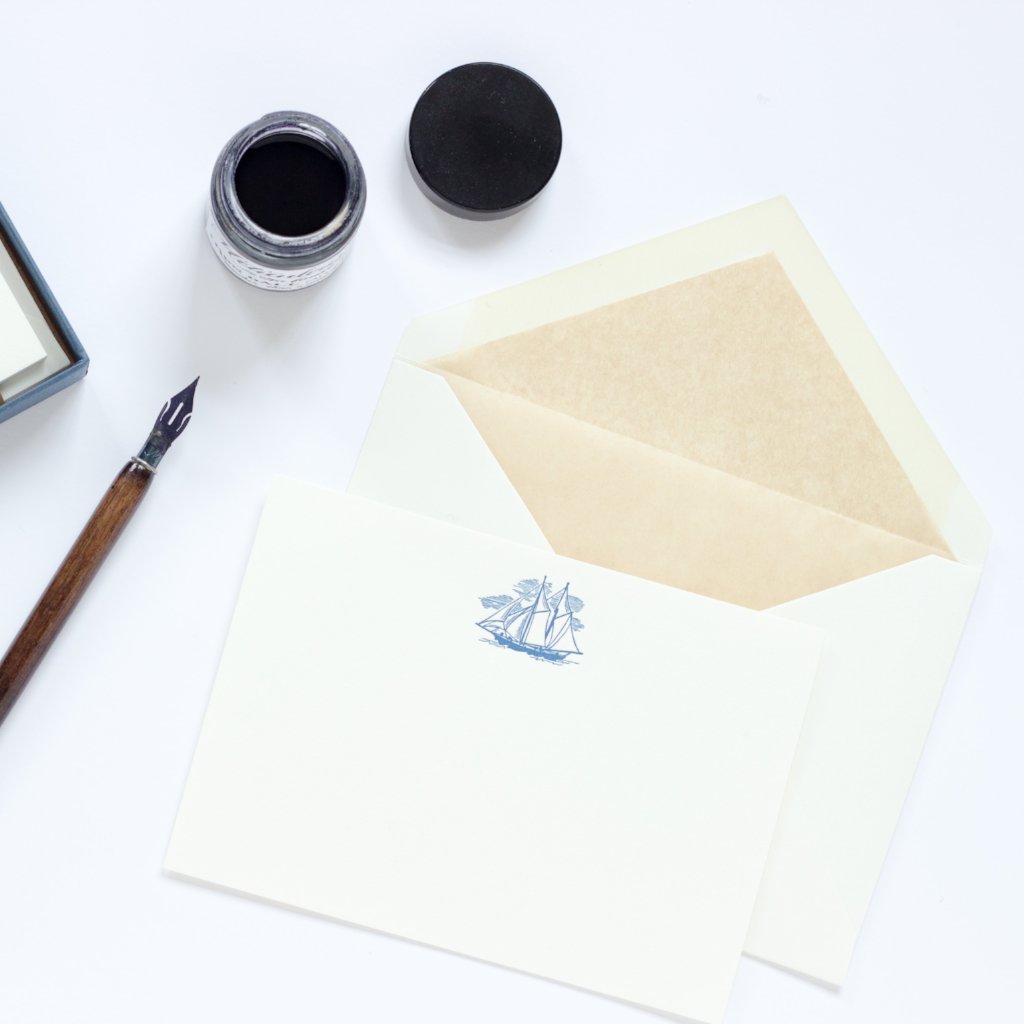 Ship Letterpress Correspondence Card with tan tissue lined envelope and ink pot