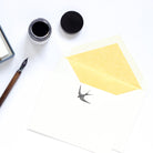 Swallow Letterpress Correspondence Card with yellow tissue lined envelope and ink pot