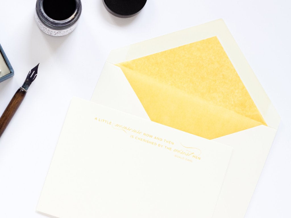 Roald Dahl Letterpress Correspondence Card with yellow tissue lined envelope and ink pot
