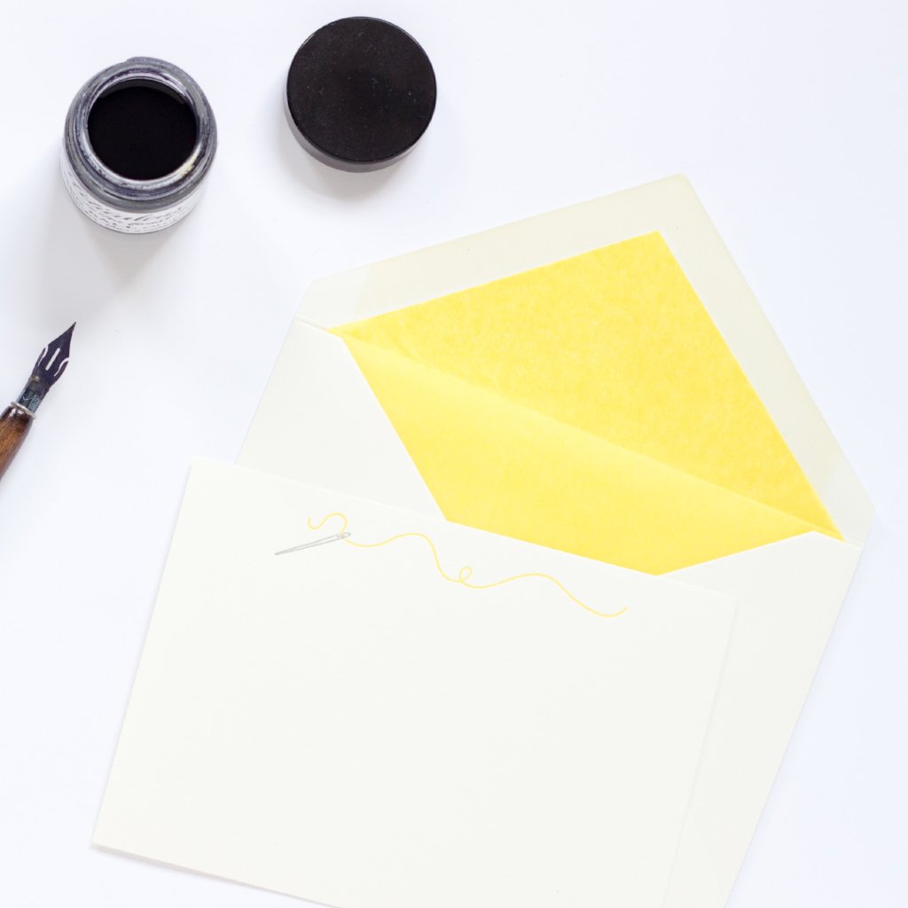 Sewing Letterpress Correspondence Card with yellow tissue lined envelope and ink pot