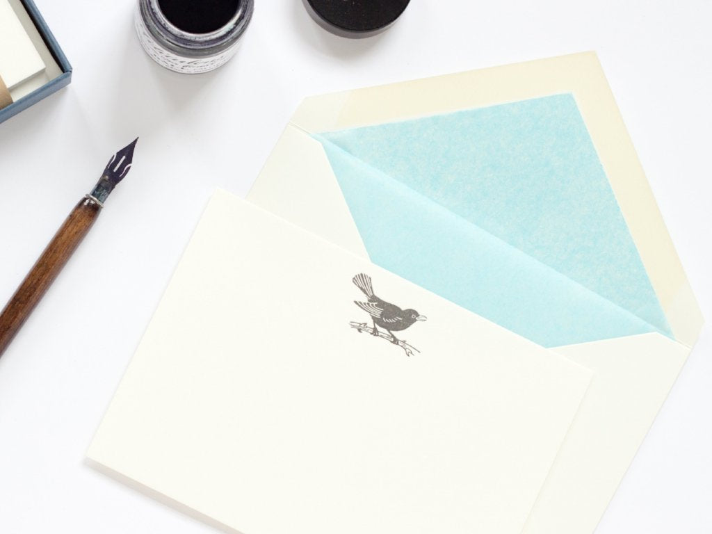 Blackbird Letterpress Correspondence Card with sky blue tissue lined envelope and ink pot