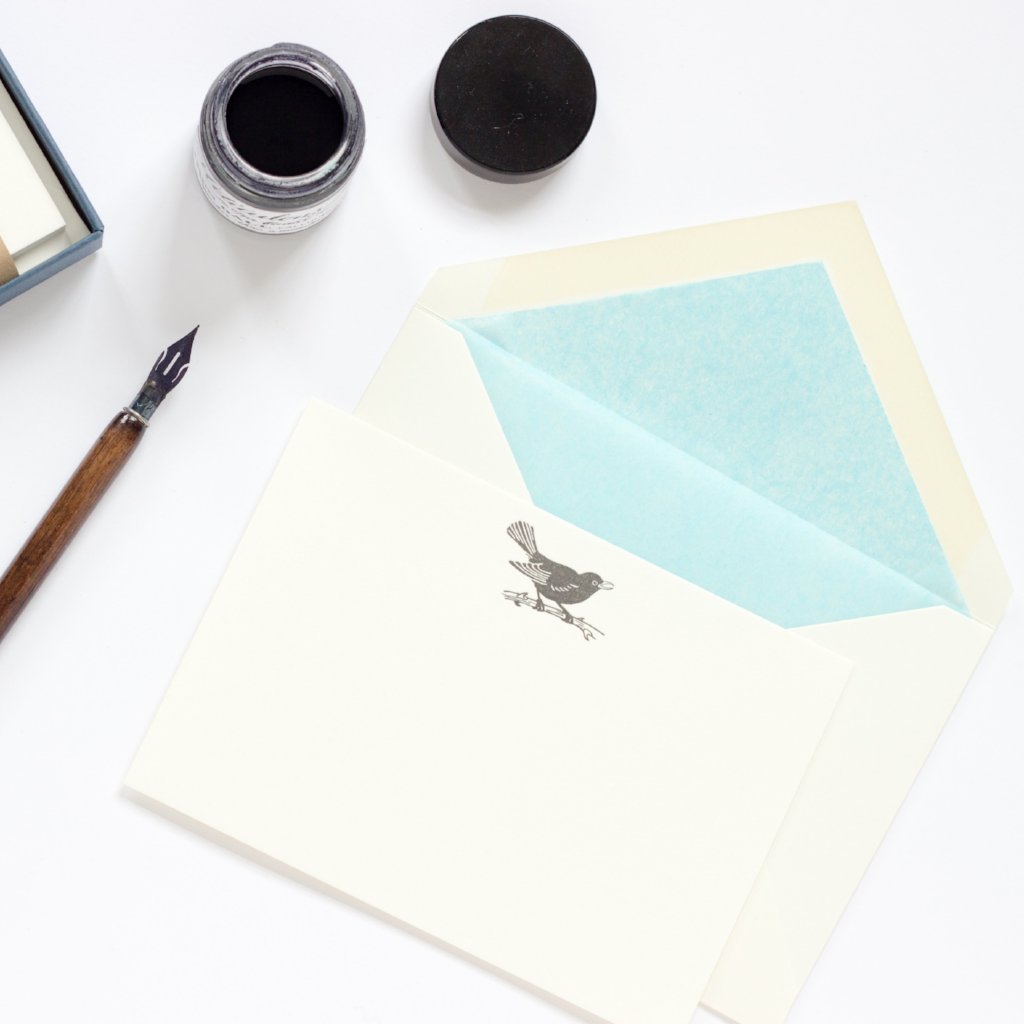 Blackbird Letterpress Correspondence Card with sky blue tissue lined envelope and ink pot