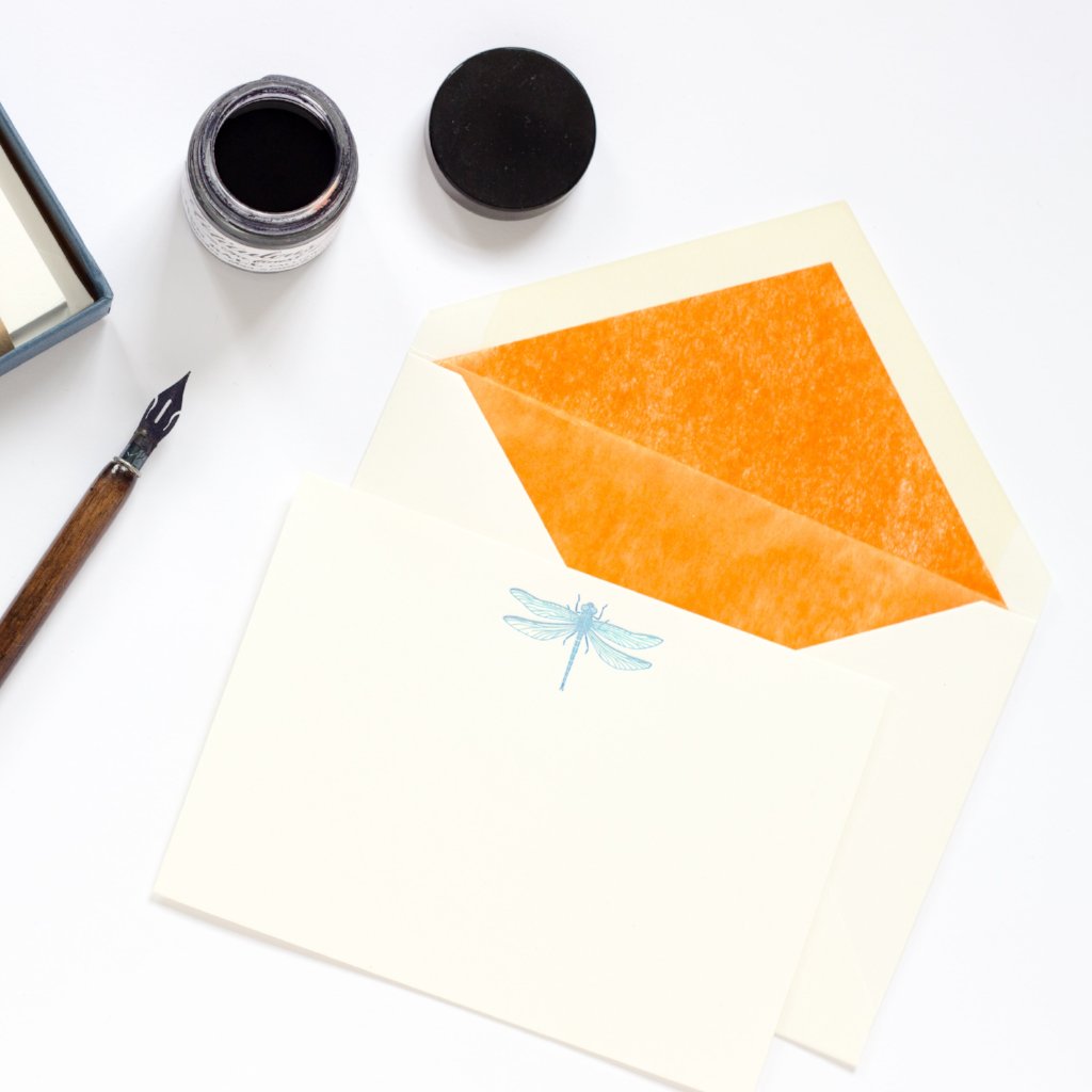 Dragonfly Letterpress Correspondence Card with orange tissue lined envelope ink pot and dip pen