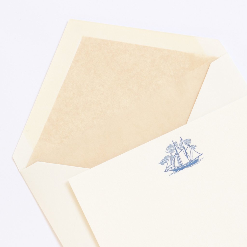 Single Ship Letterpress Correspondence Card with tan tissue lined envelope