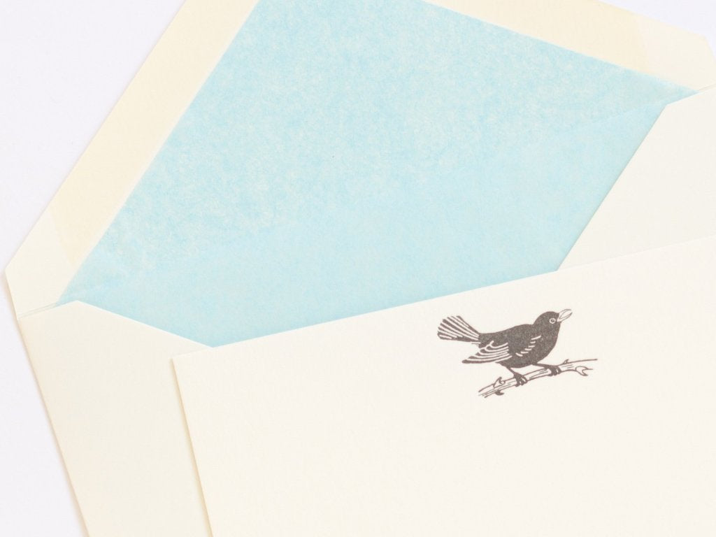 Single Blackbird Letterpress Correspondence Card with sky blue tissue lined envelope