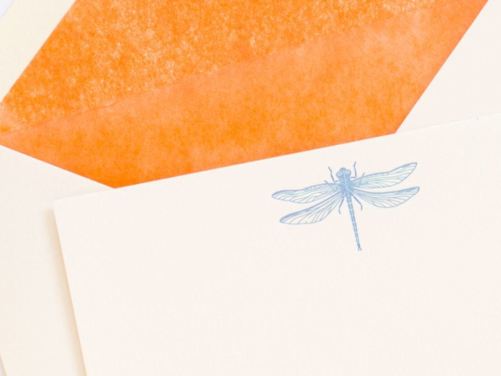 Dragonfly Letterpress Correspondence Card with orange tissue lined envelope