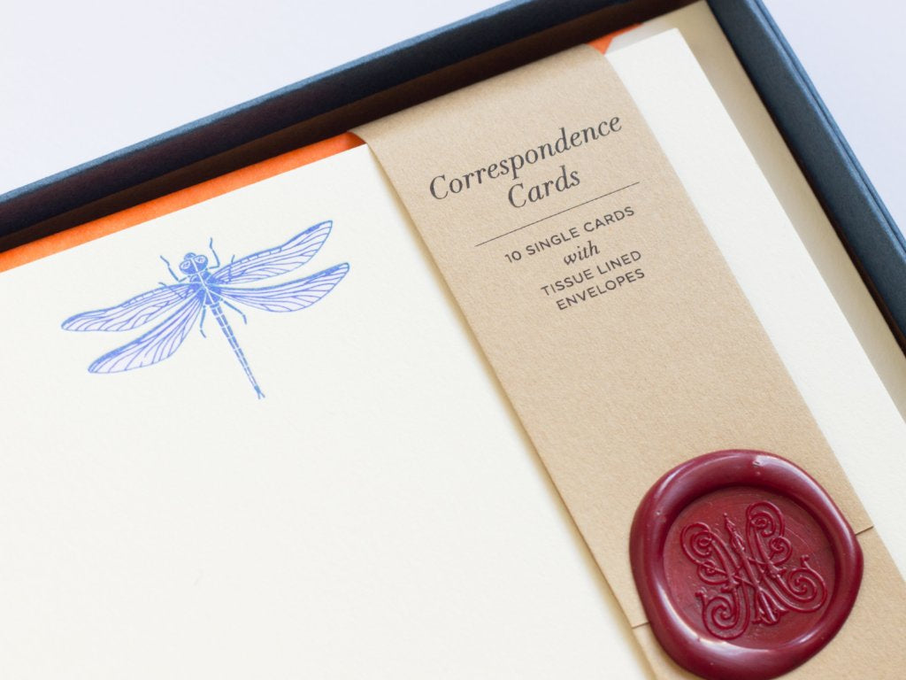 Dragonfly Letterpress Correspondence Cards in display box with wax seal close-up