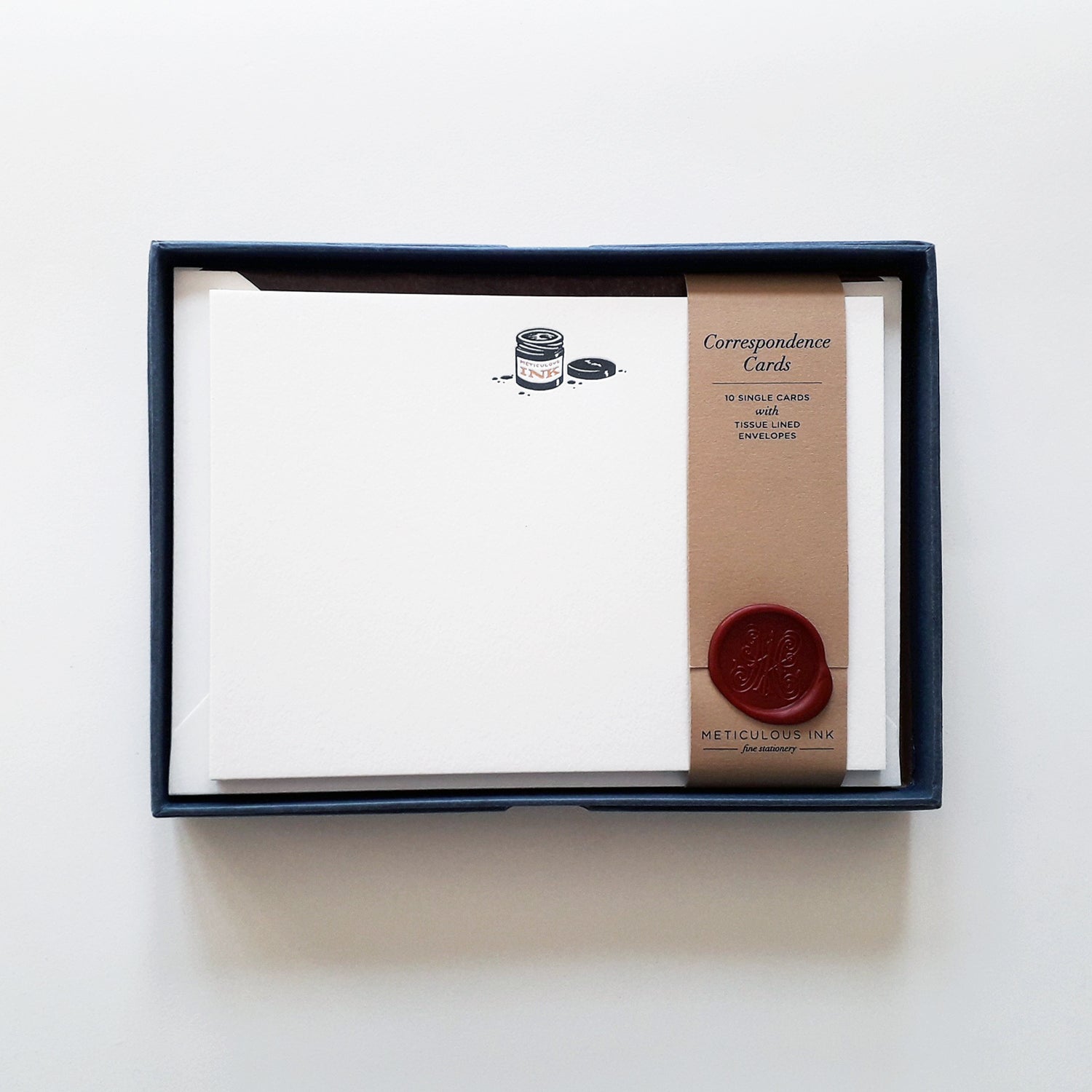 Ink Pot Letterpress Correspondence Cards in display box with wax seal