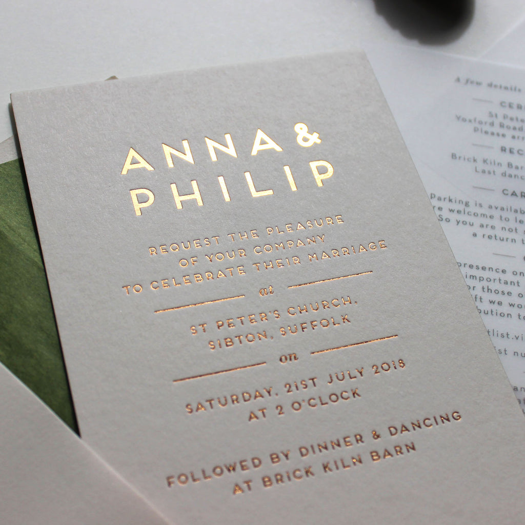 Copper foil wedding invites on a mini A6 size, thick card with vellum information sheet and tissue lined envelopes