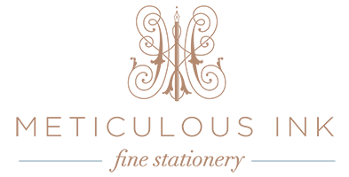 The Meticulous Ink Logo - an elaborate monogram with secret dip pen motif, above the wording Meticulous Ink Fine Stationery