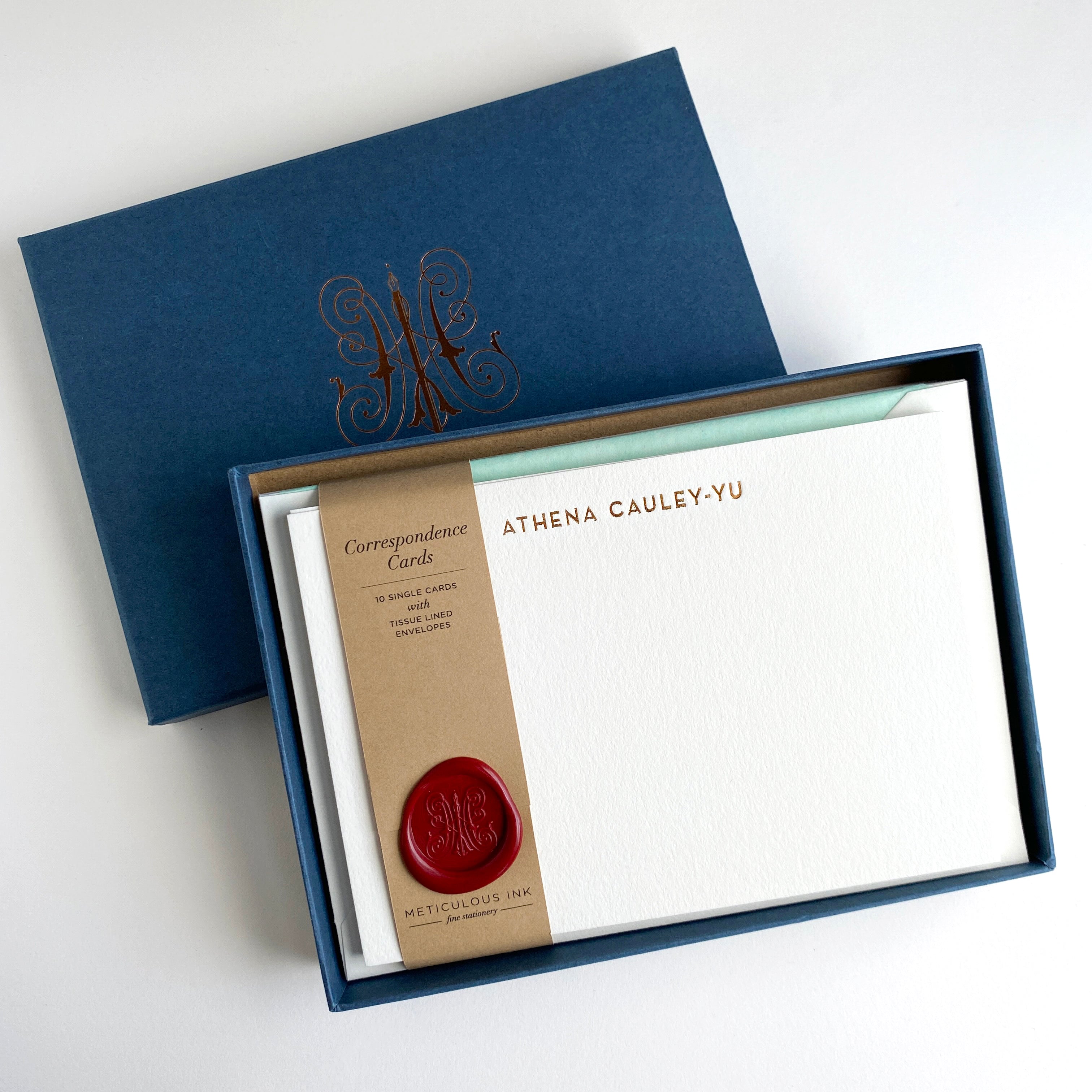 Copper / Gold Foiled A5 Correspondence Cards in Meticulous Ink box set with red wax seal