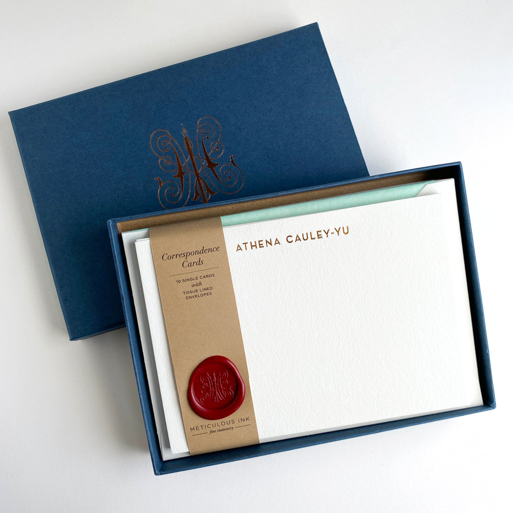 Copper / Gold Foiled A5 Correspondence Cards in Meticulous Ink box set with red wax seal