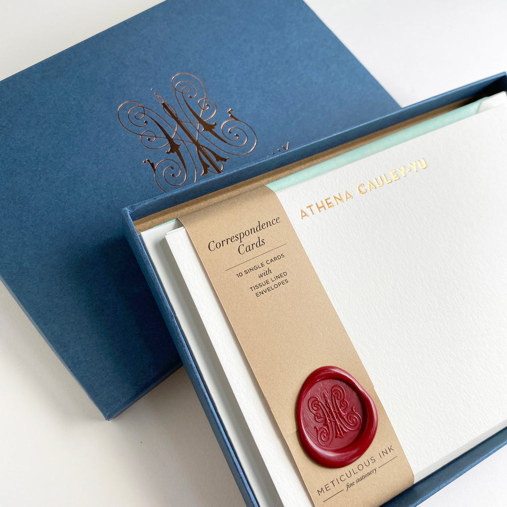 foiled personalised correspondence cards close-up in Meticulous Ink Blue box