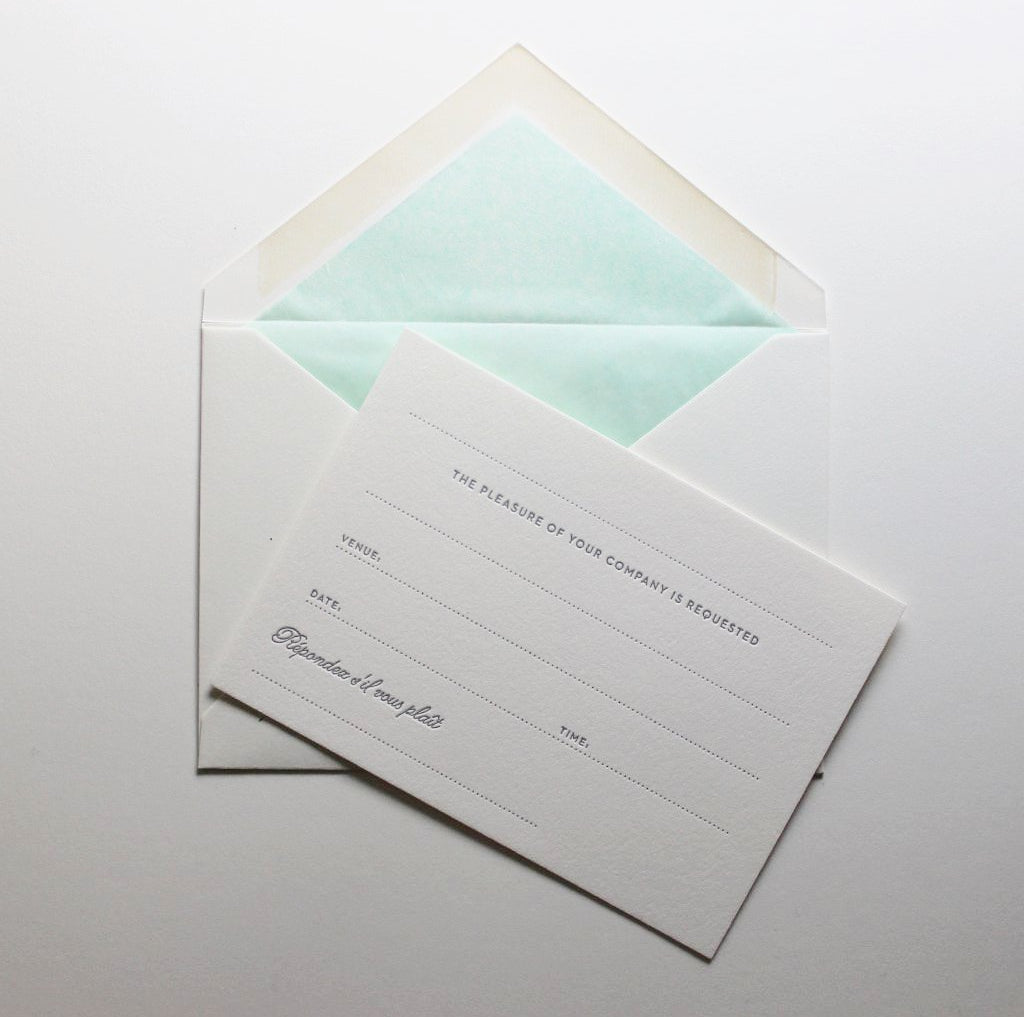 Letterpress Invitation Correspondence Cards with mint tissue lined envelope