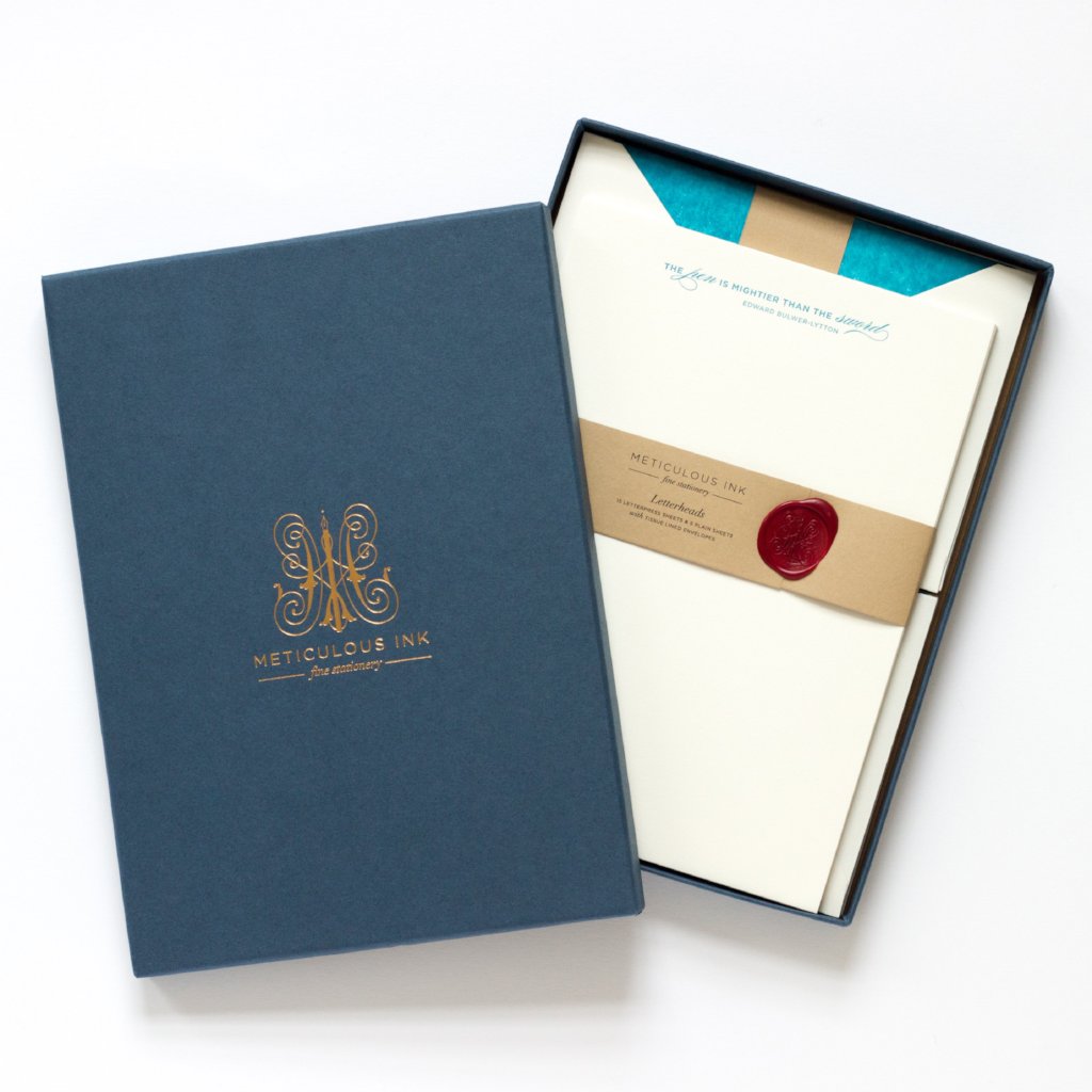 Pen is mightier quote Letterpress Letterheads in display box with lid