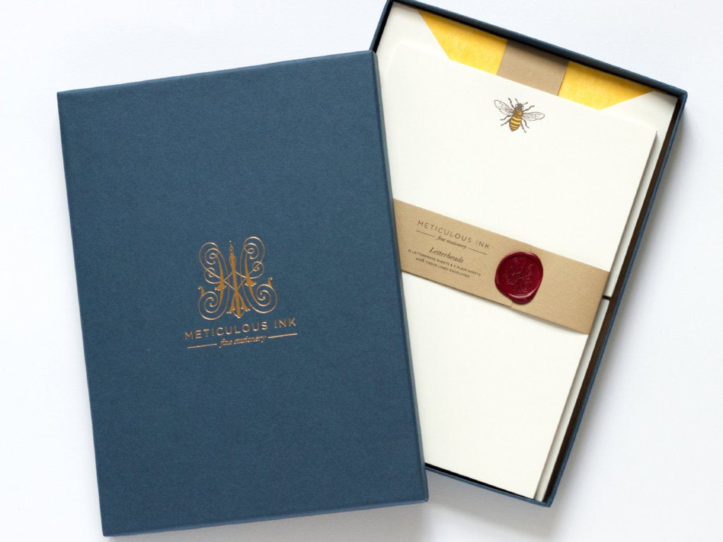 Honey Bee Letterpress Letterheads in display box with wax seal and Meticulous Ink logo on lid