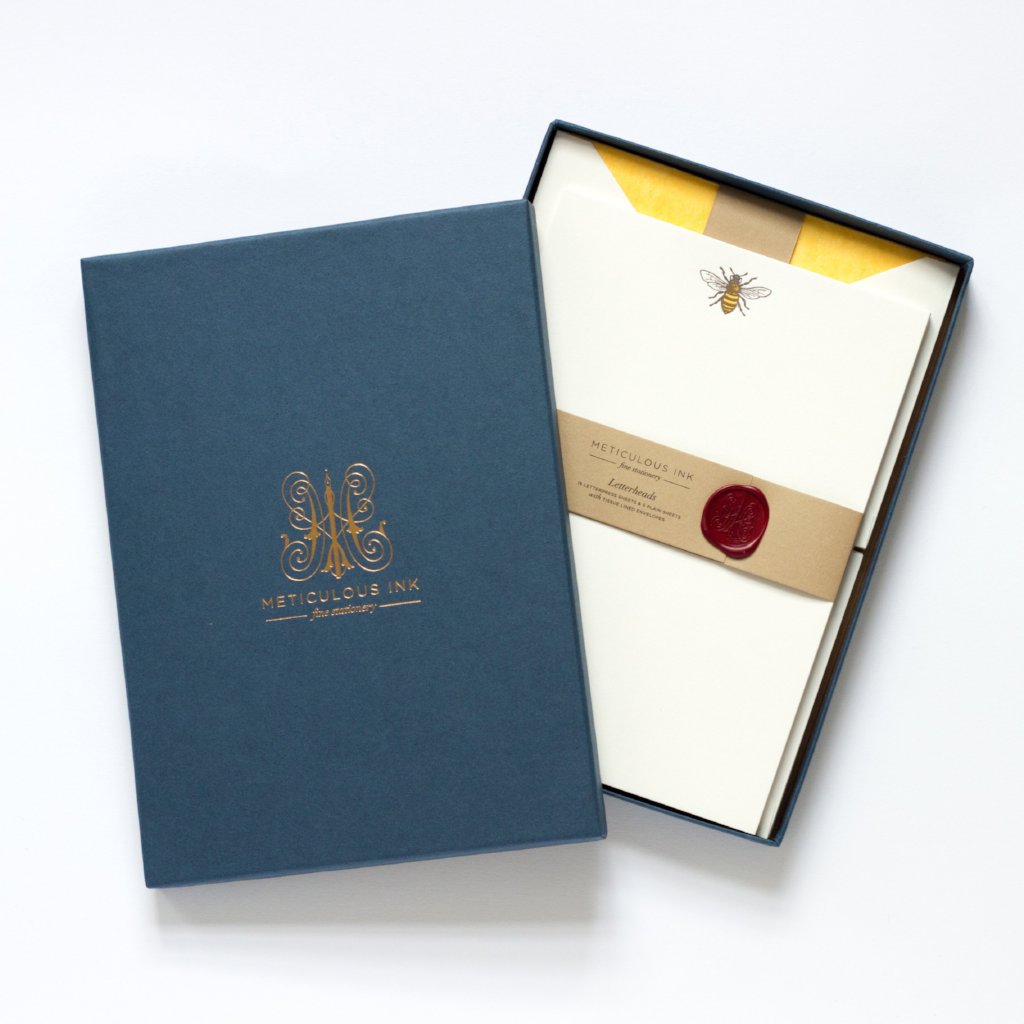 Honey Bee Letterpress Letterheads in display box with wax seal and Meticulous Ink logo on lid