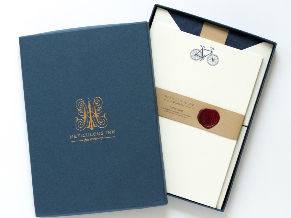 Bicycle Letterpress Letterheads in display box with wax seal