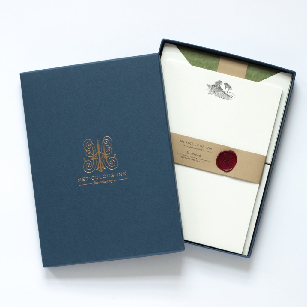 Landscape Letterpress Letterheads in display box with wax seal and lid with Meticulous Ink logo