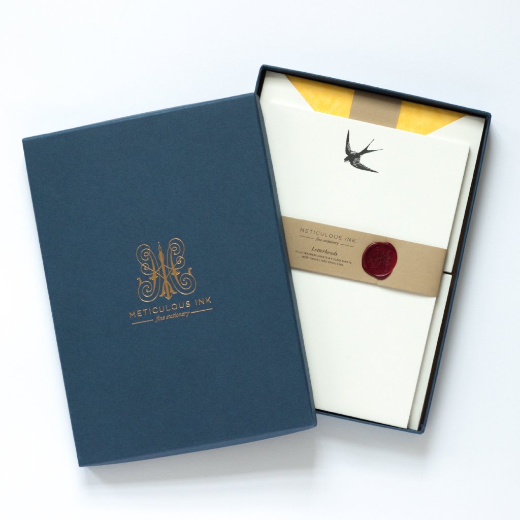 Swallow Letterpress Letterheads in display box with wax seal and lid with Meticulous Ink logo